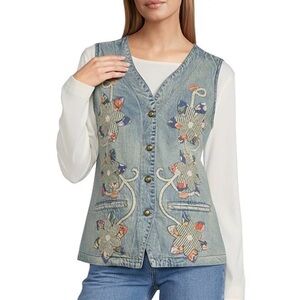 John Mark Denim Floral Applique Embroidered V-Neck Sleeveless Button Front Vest